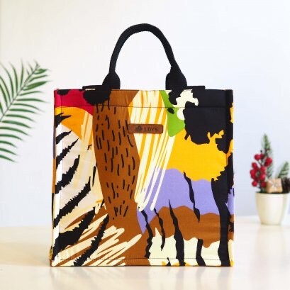 Square Shopping Bag in Beautiful Canvas and Japanese Cotton Fabric - In Safari Style Print.