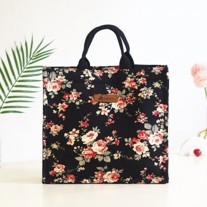 Square Shopping Bag in Beautiful Canvas and Japanese Cotton Fabric - In White Roses on Black Print.