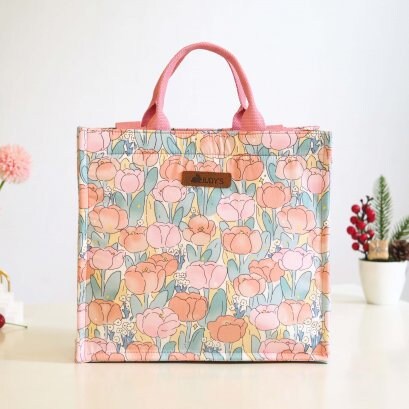 Square Shopping Bag in Beautiful Canvas and Japanese Cotton Fabric - In Pink and Orange Tulip Print.