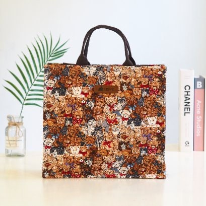 Square Shopping Bag - Beautiful Canvas and Japanese Cotton Fabric in Cute Teddy Bear Pattern.