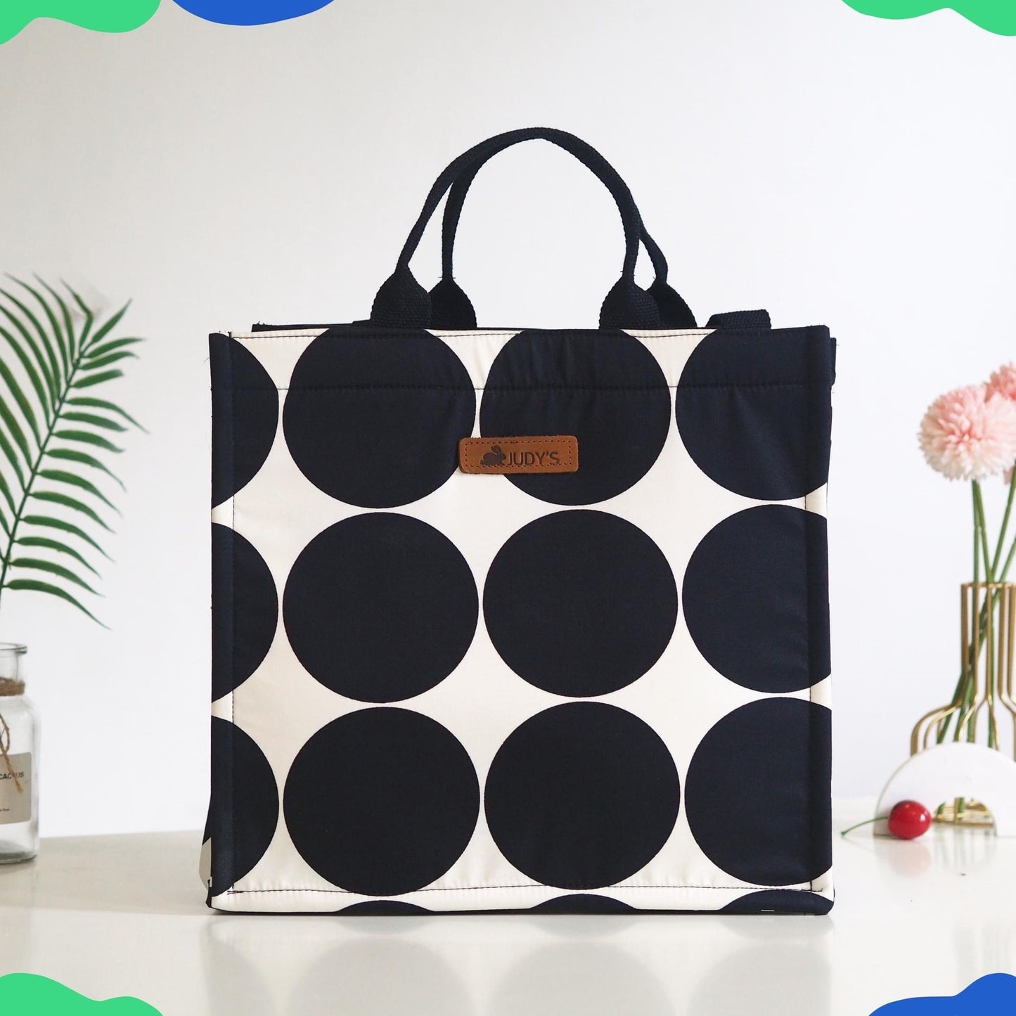 Square Shopping Bag - Beautiful Canvas and Japanese Cotton Fabric in Bold Black Circle Pattern.