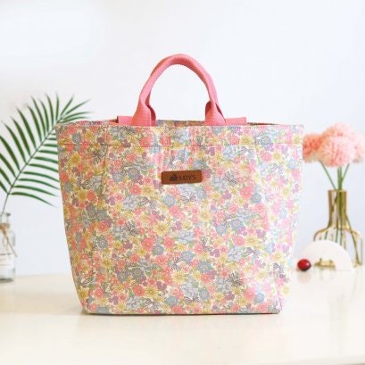 Handmade Versatile Vacation, Beach, and Everyday Tote in Pink Blue and Yellow Flower Print