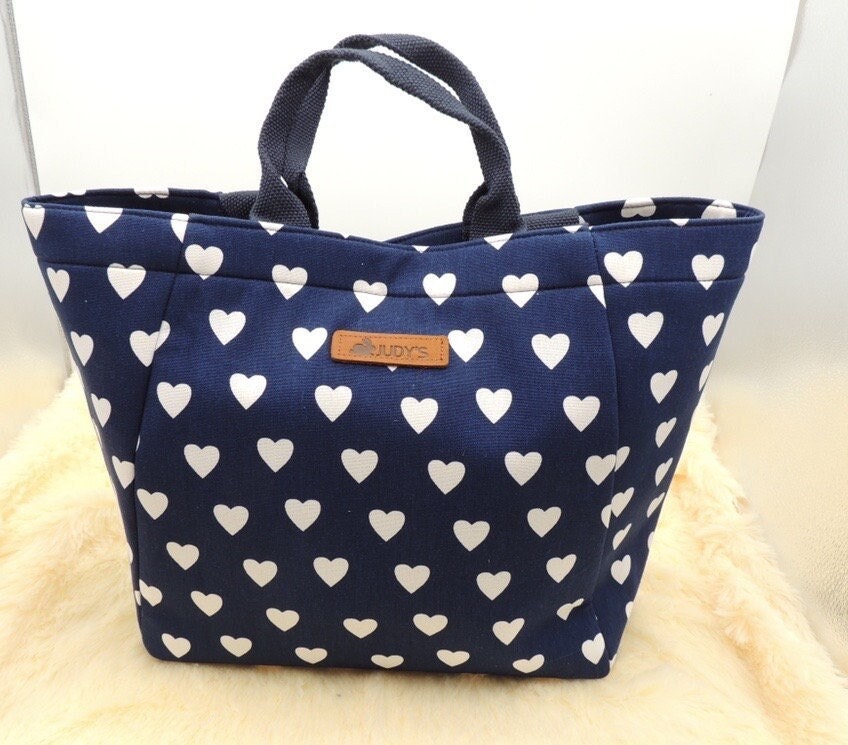 Handmade Versatile Vacation, Beach, and Everyday Tote in White Hearts on Blue 