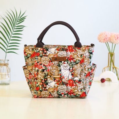 Handmade Medium Basket Style Handbag in Cats and Flowers pattern