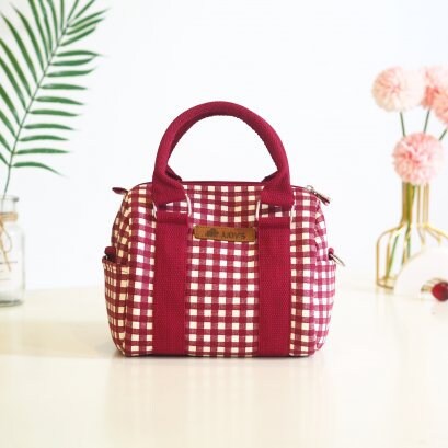 Small Pillow Bag  Crossbody or Shoulder Bag in Maroon and White Check  pattern.