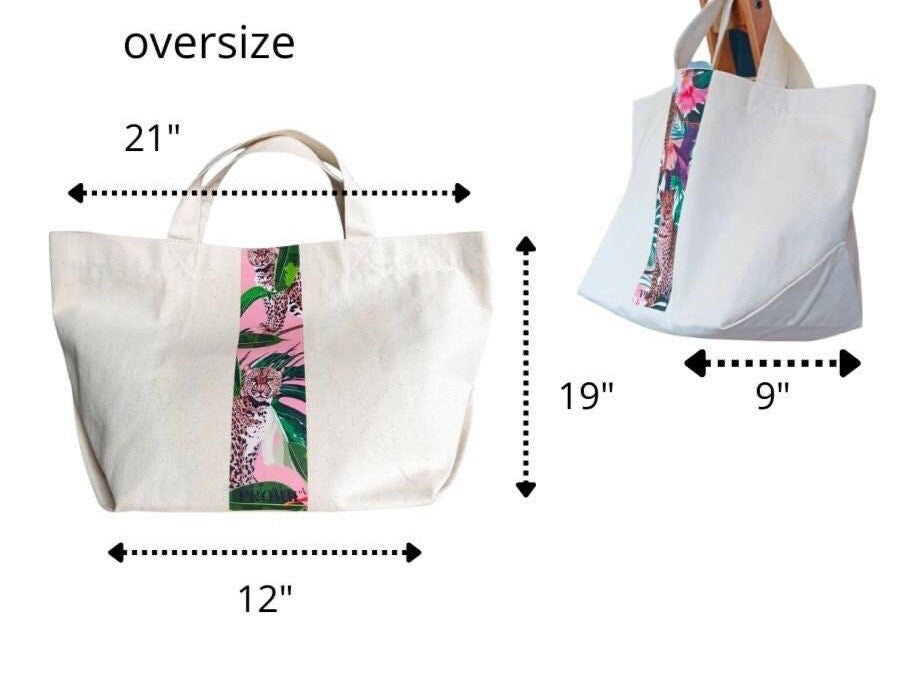 Oversize Handmade Canvas Tote Bag with Bold Graphic Trim with Pink Cheetah Graphic showing Dimensions of the Bag.