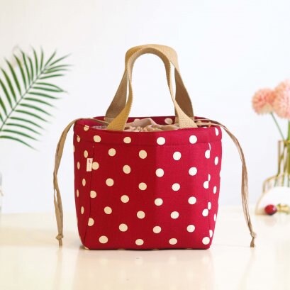 Thermal Drawstring Bag - Insulated for Hot or Cold Storage - in Maroon with White Polka Dot Pattern