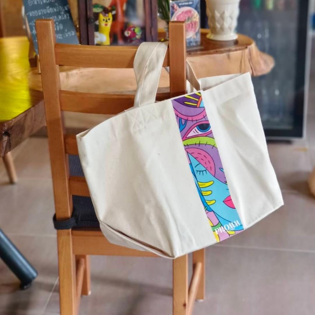 Oversize Handmade Canvas Tote Bag with Bold Graphic Trim with Face Graphic