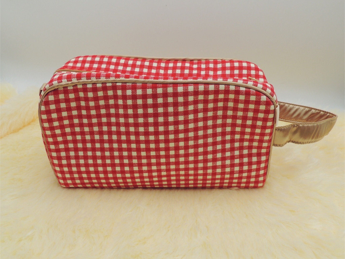 Stylish Handmade Cosmetic Bag with Handle - Canvas and Japanese Cotton in Red Check and Black Dots Prints