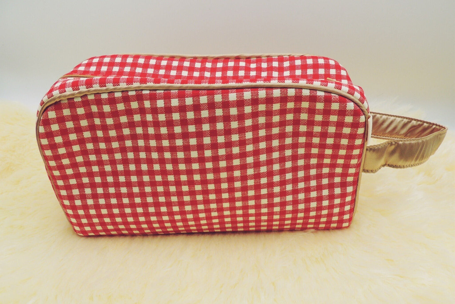 Stylish Handmade Cosmetic Bag with Handle - Canvas and Japanese Cotton in Red Check and Black Dots Prints