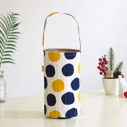 Handmade Reusable Drink or Water Bottle - Wine Bottle Carrier or Gift Bag in Blue and Yellow Dots Pattern