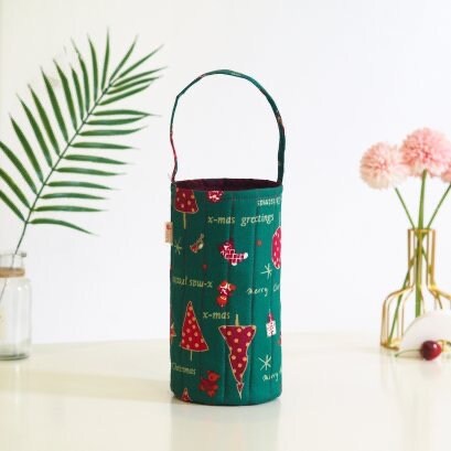 Handmade Reusable Drink or Water Bottle - Wine Bottle Carrier or Gift Bag in Christmas Design on Green Pattern