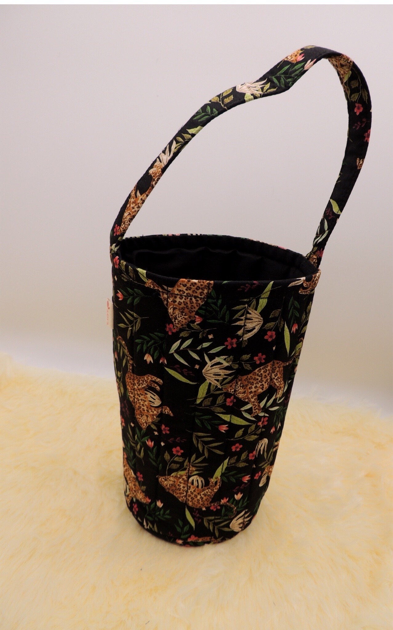 Handmade Reusable Drink or Water Bottle - Wine Bottle Carrier or Gift Bag in Leopards and Jungle  Pattern on Black