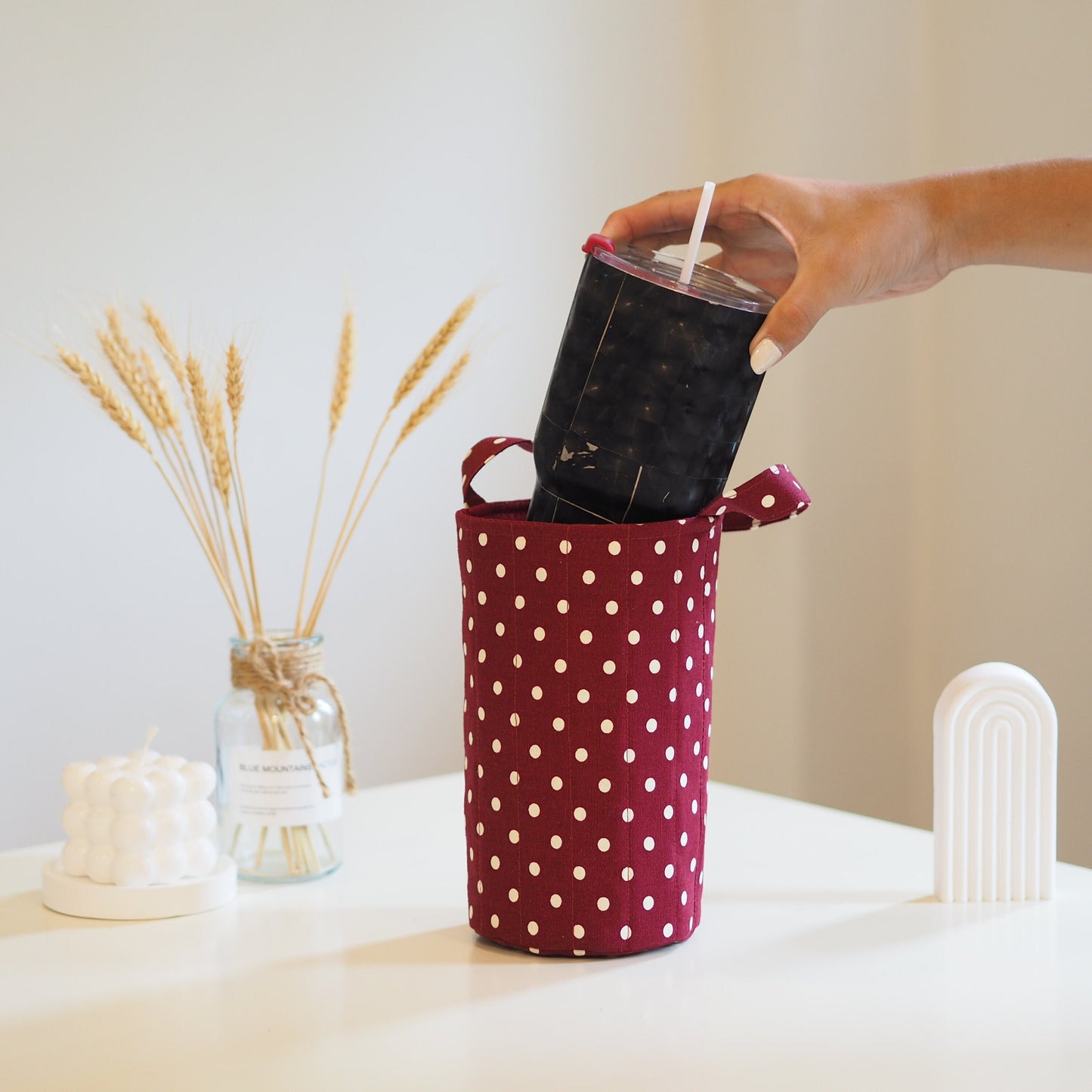 Handmade Reusable Drink or Water Bottle - Wine Bottle Carrier or Gift Bag in Maroon with White Polka Dot pattern