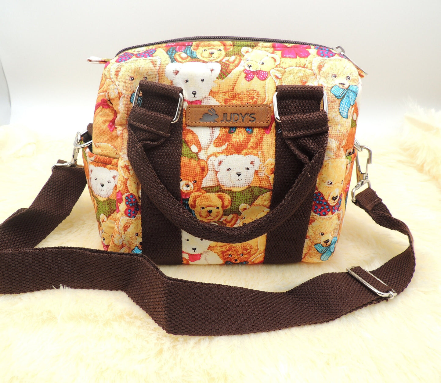 Small Pillow Bag  Crossbody or Shoulder Bag in Teddy Bear pattern Showing Shoulder Strap.