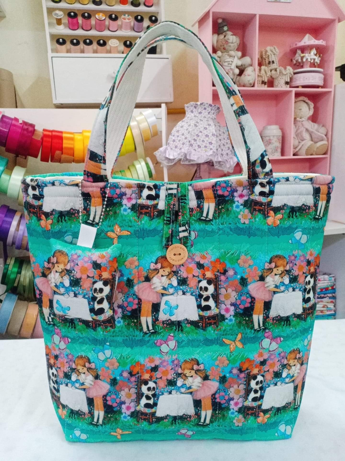 Handmade Handbag - Playful Kids' Prints in Girl and Panda Tea Party on Green Pattern