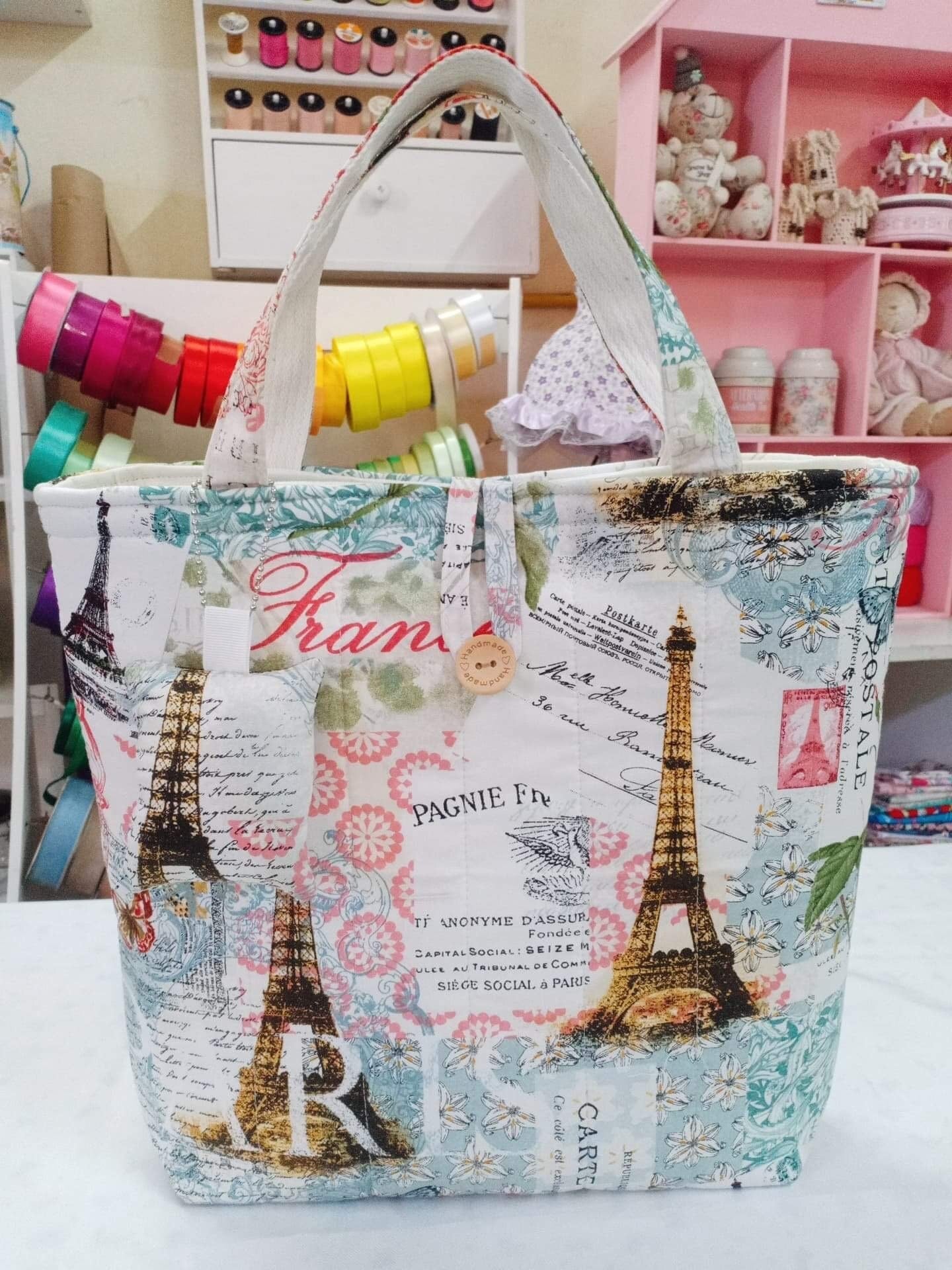 Handmade Handbag - Elegant French Prints with Eiffel Tower Design in light blue