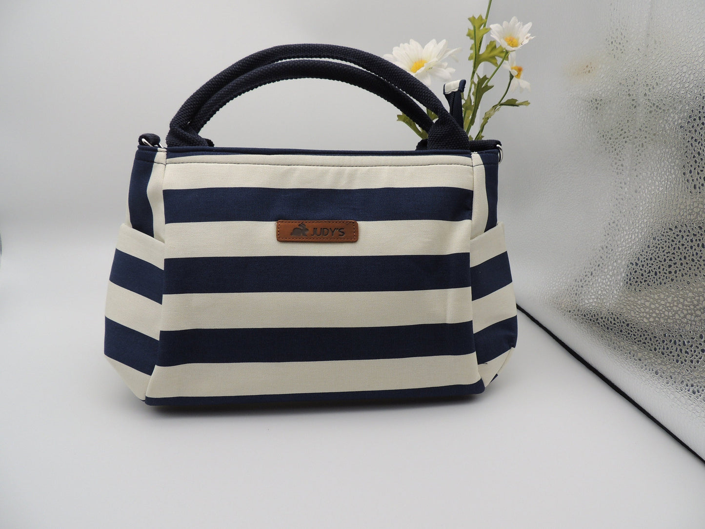 Elegant Water Drop Shape Medium Handbag in Blue and White stripe pattern