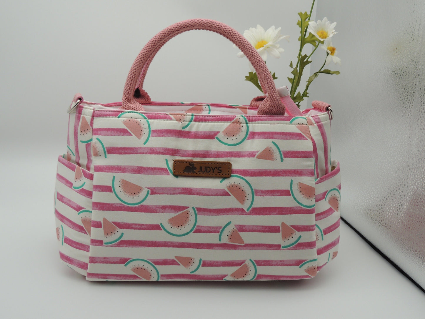 Elegant Water Drop Shape Medium Handbag in Pink and White stripe with watermelon pattern