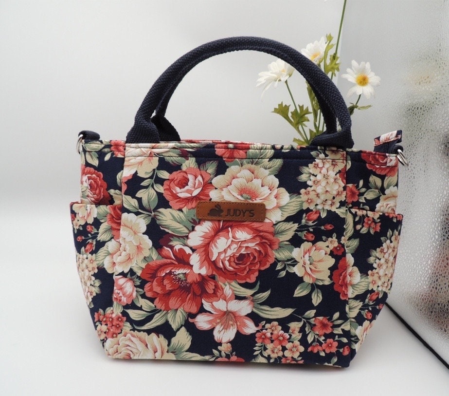 Handmade Medium Basket Style Handbag in Bold Red and White Roses on Black pattern