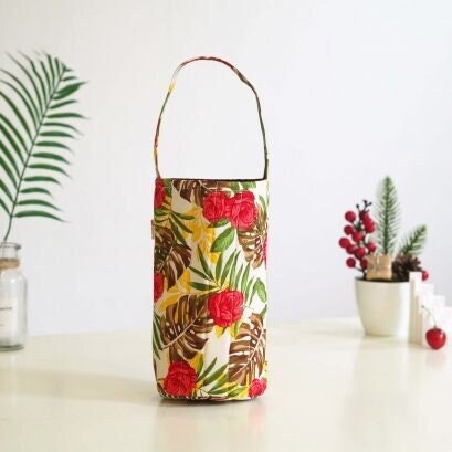 Handmade Reusable Drink or Water Bottle - Wine Bottle Carrier or Gift Bag in Red Flower and Leaf Pattern