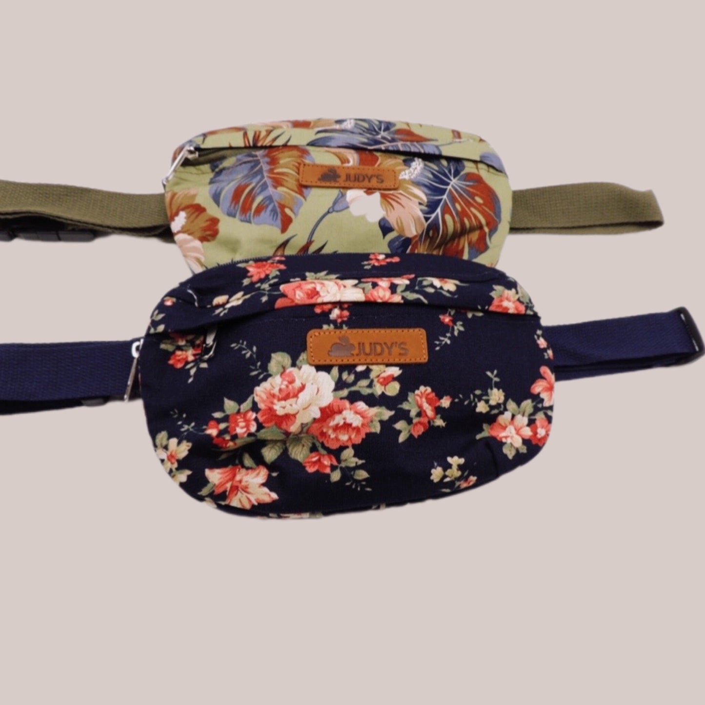 Small Handmade Crossbody Bag - Versatile Fanny Pack or Hip Bag in White Roses on Blue and Leaves on Green Patterns