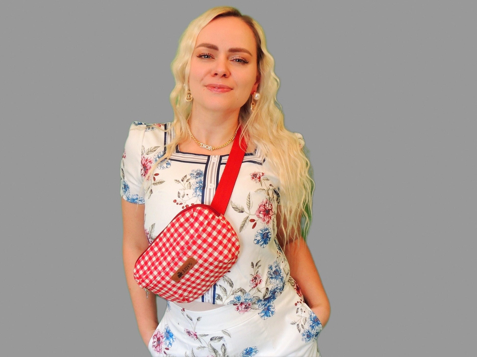 Small Handmade Crossbody Bag - Versatile Fanny Pack or Hip Bag in Red White Check Pattern