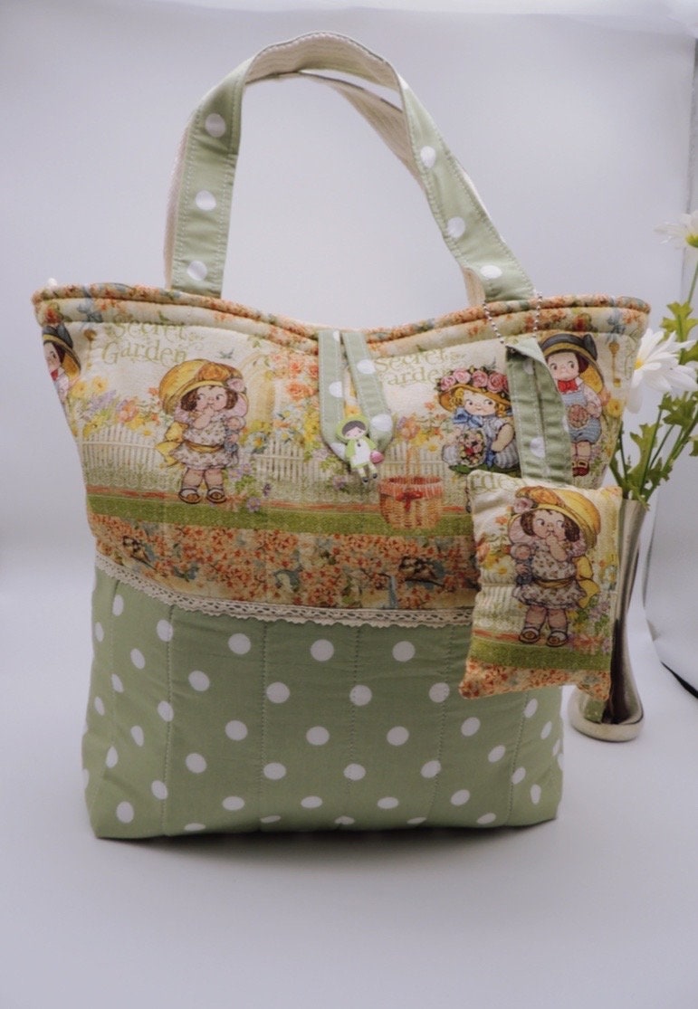 Handmade Handbag - Playful Kids' Prints in Secret Garden and Green Polka Dot Pattern