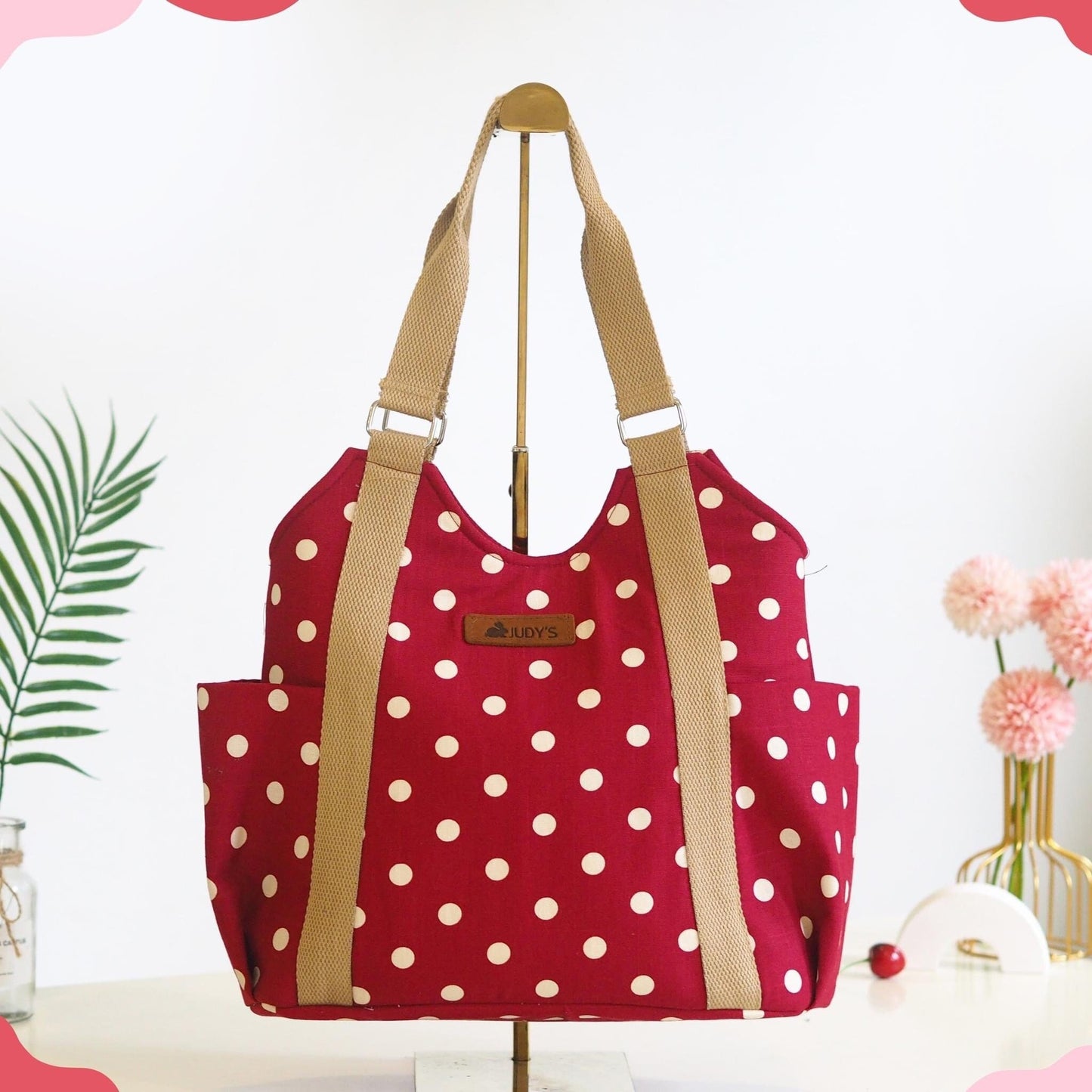 T-Shirt Style Shoulder Tote Bag - Chic Design in Maroon with White Polka Dot Pattern.