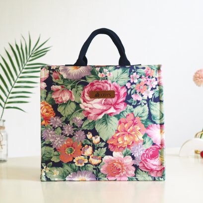 Square Shopping Bag in Beautiful Canvas and Japanese Cotton Fabric - In Pink Peonies Print.