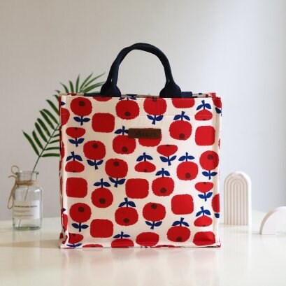 Square Shopping Bag in Beautiful Canvas and Japanese Cotton Fabric - In Red Flower Print.