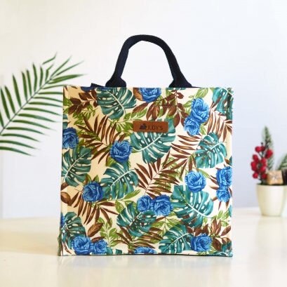 Square Shopping Bag in Beautiful Canvas and Japanese Cotton Fabric - In Blue Flowers and Leaves Print.