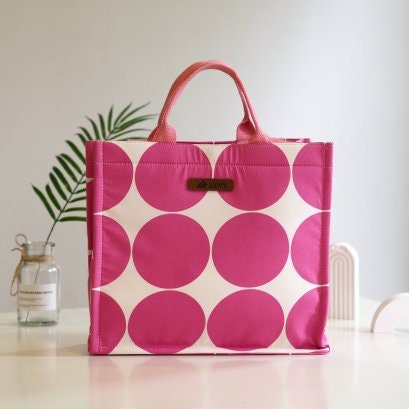 Square Shopping Bag - Beautiful Canvas and Japanese Cotton Fabric in Bold Pink Circle Pattern.