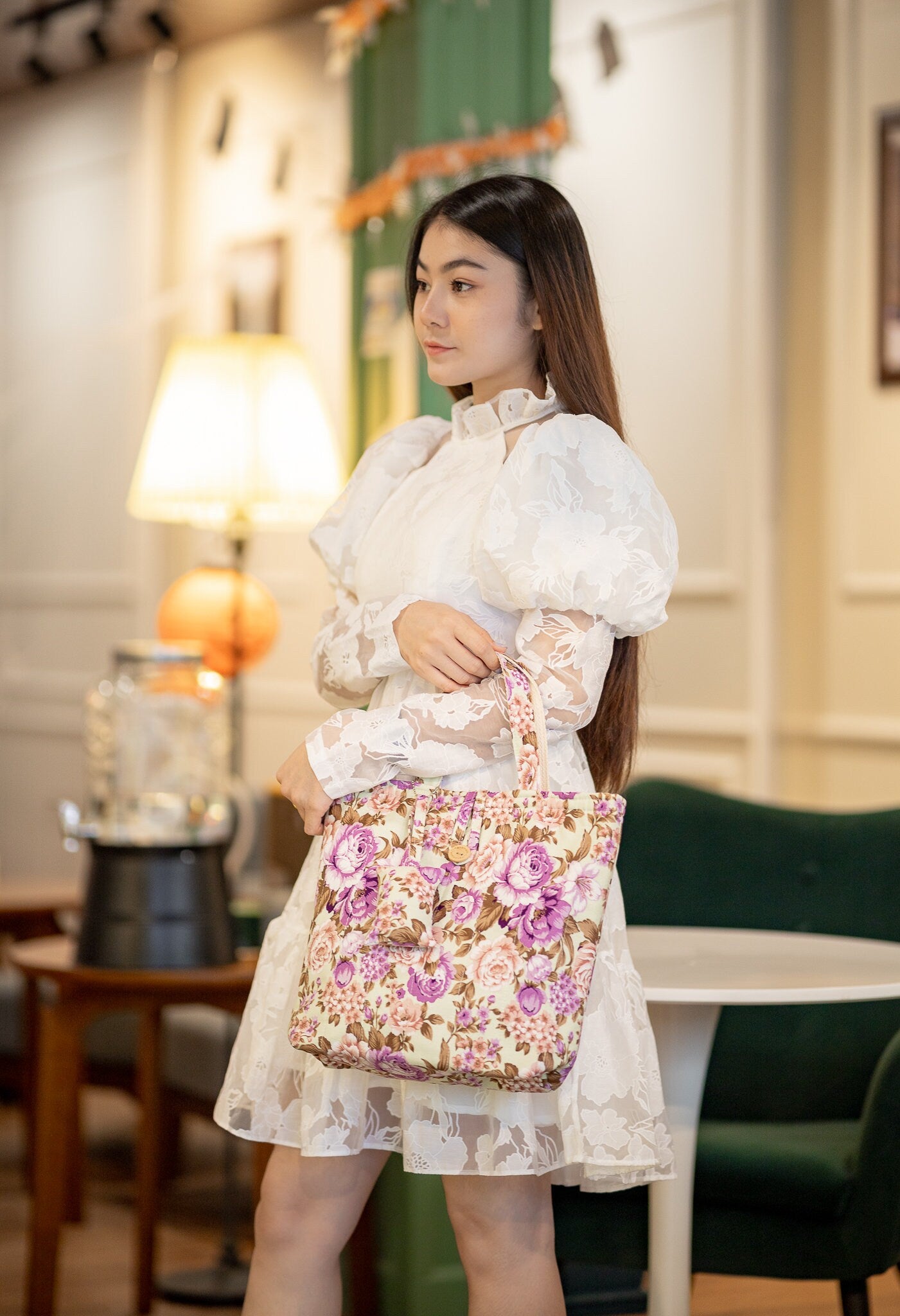 Thai Girl with Handmade Handbag - Stunning Rose Pattern Design in Violet flowers on White Pattern