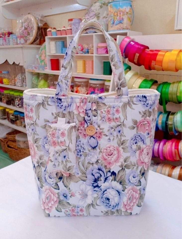 Handmade Handbag - Stunning Rose Pattern Design in Pink and Blue flowers on White Pattern