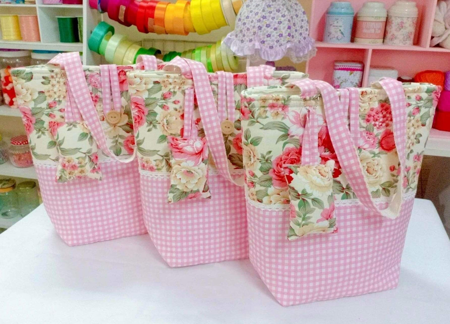 Handmade Shoulder Bag - Elegant Rose Flower and Polka Dot Design Red Rose and Pink White Check Pattern