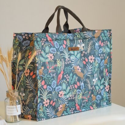 Jumbo Shopping Bag - Unique Floral and Bold Prints - Shown in Blue Jungle  Pattern.