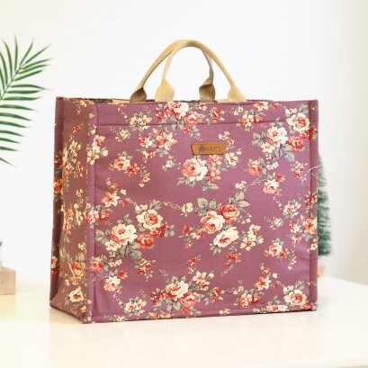 Jumbo Shopping Bag - Unique Floral and Bold Prints - Shown in White roses on Purple  Pattern.