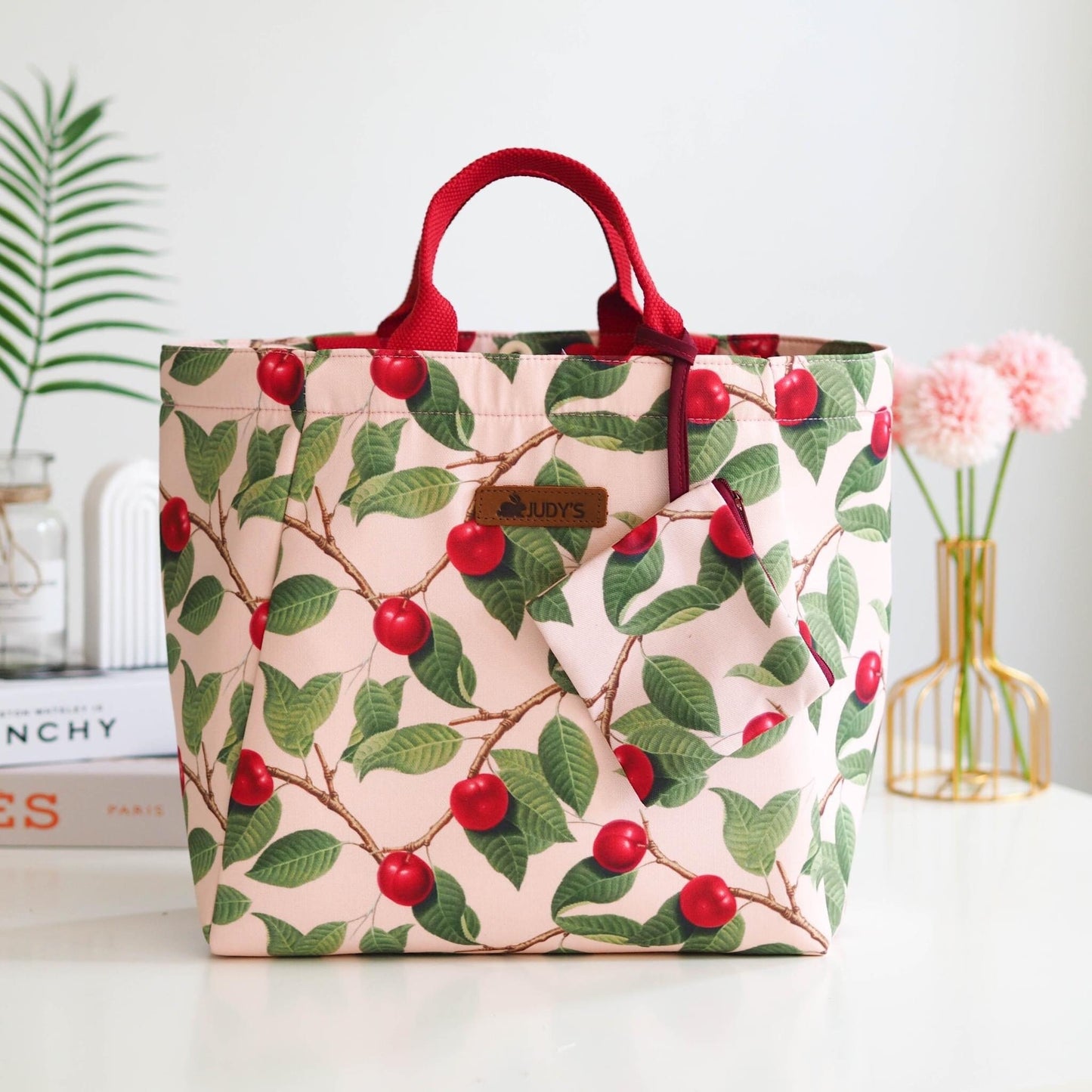 Handmade Flowers Premium Shopping Bag in Cherry Branches on Pink Pattern