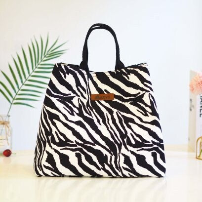 Large Tank Bag with  Versatile Bucket Shape with Short Handles and Long Shoulder Straps with Zebra Animal Print.