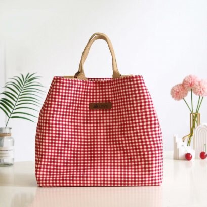 Large Tank Bag with  Versatile Bucket Shape with Short Handles and Long Shoulder Straps with Red White Check Print.