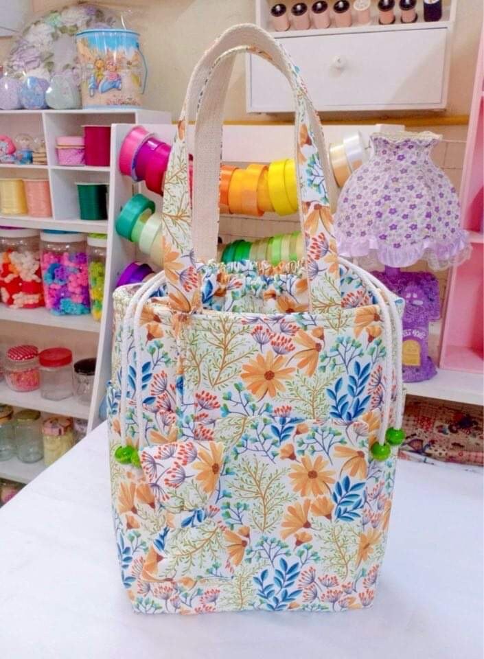 Handmade Drawstring Shoulder Bags - Top Handle Bags - Beautiful   Sunflowers with Blue leaves on White pattern.