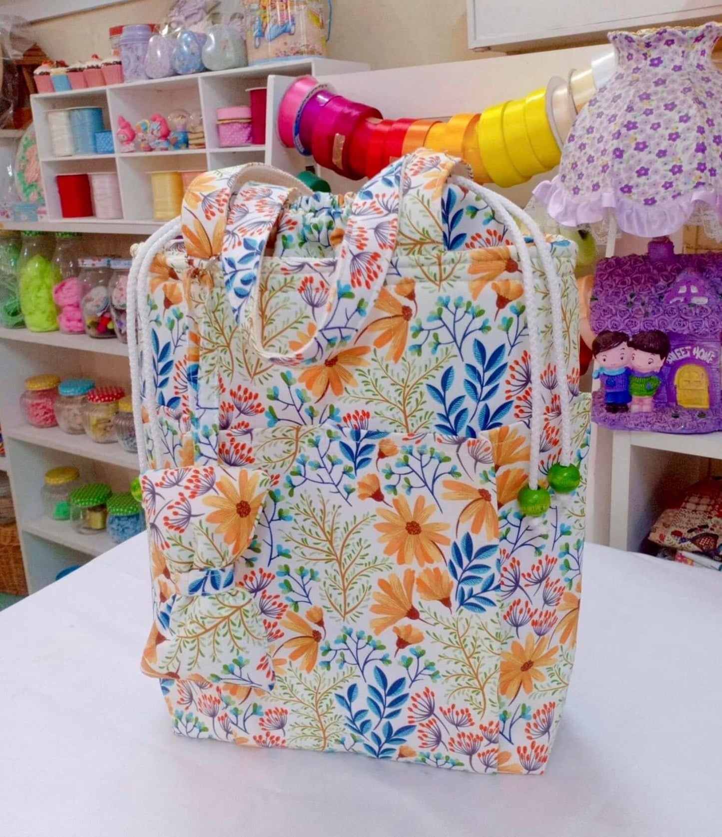 Handmade Drawstring Shoulder Bags - Top Handle Bags - Beautiful   Sunflowers with Blue leaves on White pattern.