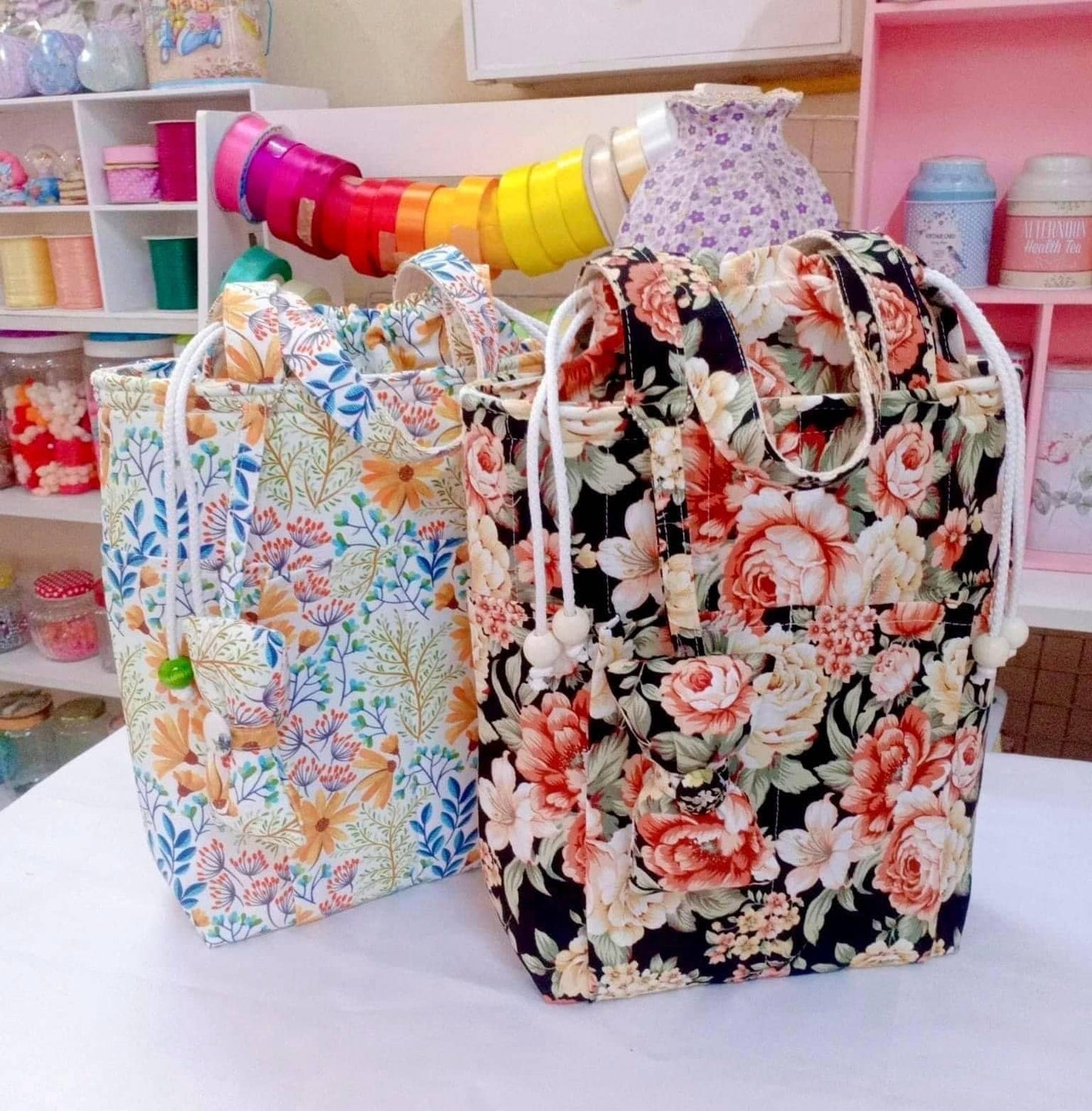 Handmade Drawstring Shoulder Bags - Top Handle Bags - Beautiful Rose Flower Pattern in Black White and Red and a Sunflowers with Blue leaves on White.