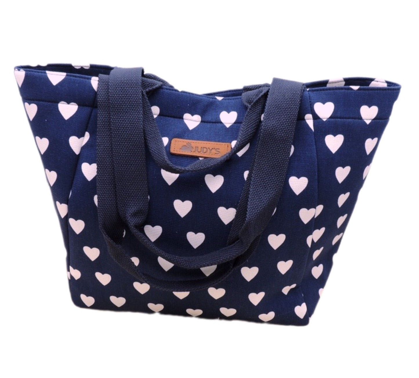 Handmade Versatile Vacation, Beach, and Everyday Tote in White Hearts on Blue 