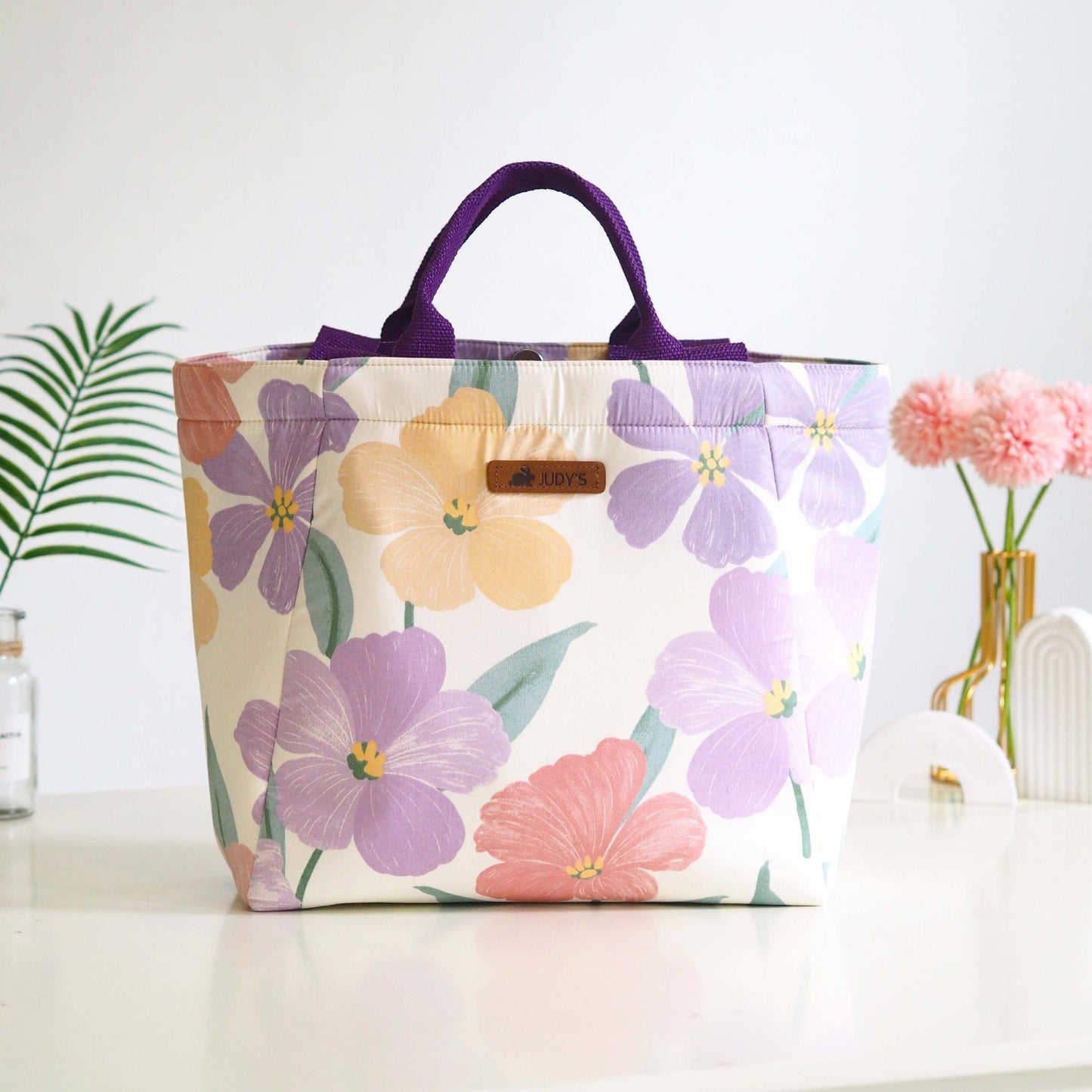 Handmade Flowers Premium Shopping Bag in Violet Yellow and Red Flowers on White Pattern