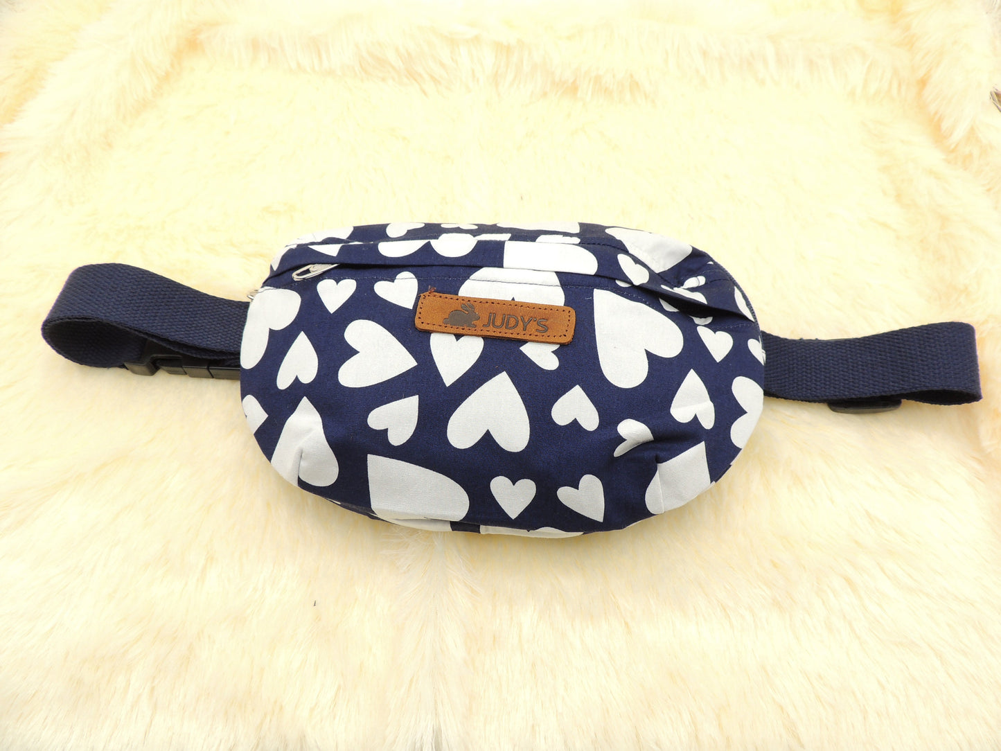 Small Handmade Crossbody Bag - Versatile in Blue with White Hearts pattern