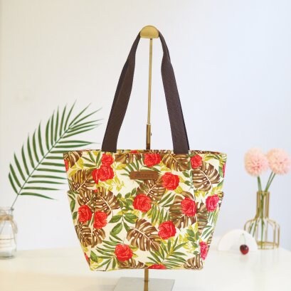 Handmade Shopping Basket Tote  - Stylish and Spacious - in Red Rose on Brown and Green Leaf Pattern