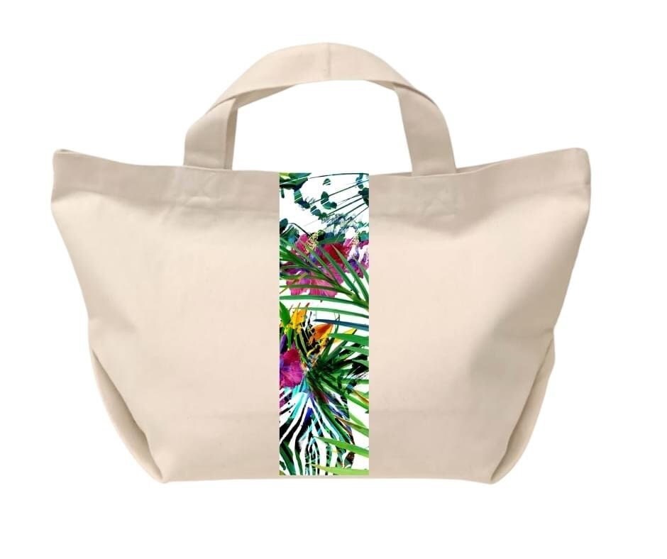 Oversize Handmade Canvas Tote Bag with Bold Graphic Trim with Green Tiger Graphic