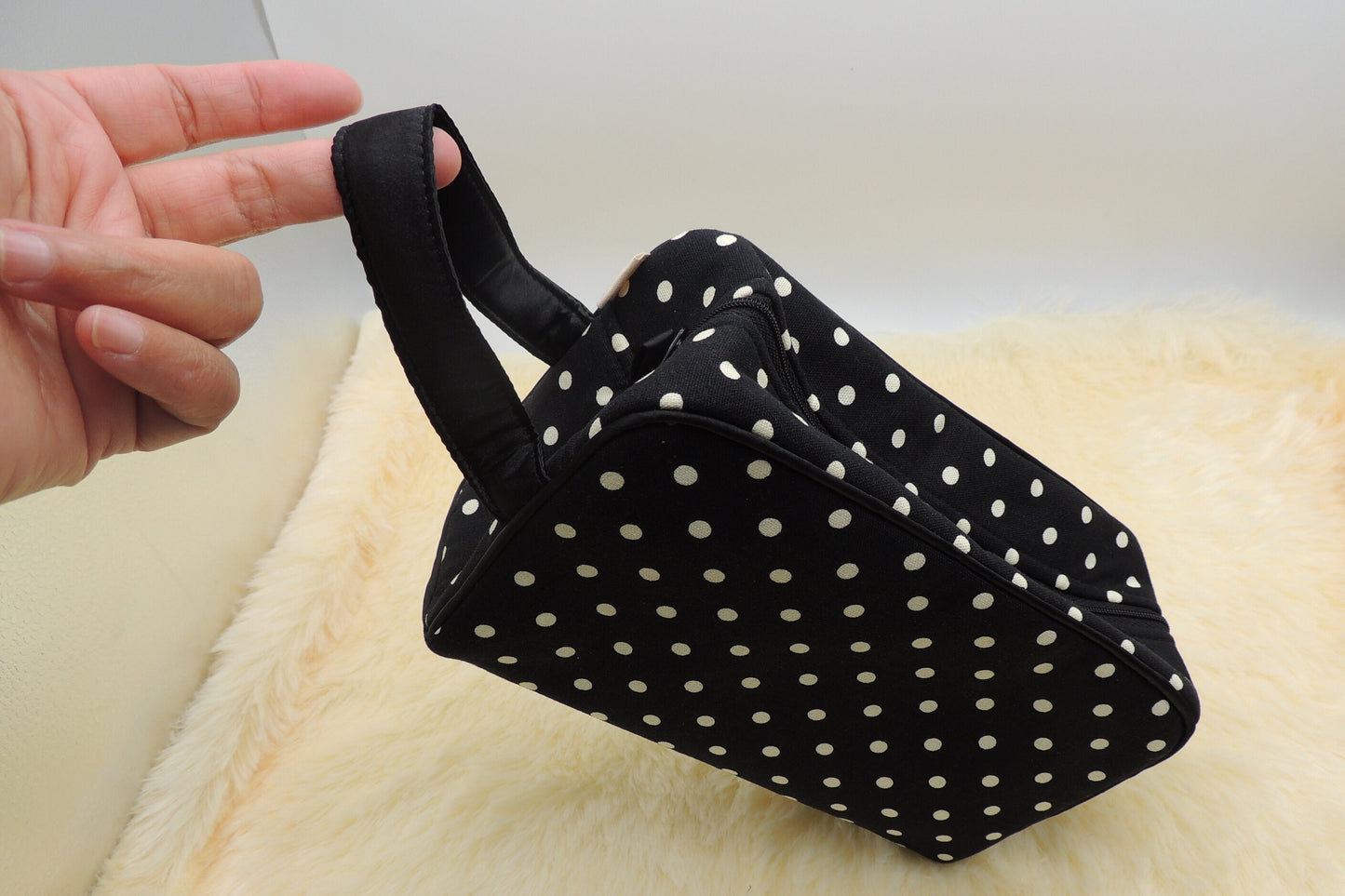 Stylish Handmade Cosmetic Bag with Handle - Canvas and Japanese Cotton in Red Check and Black Dots Prints